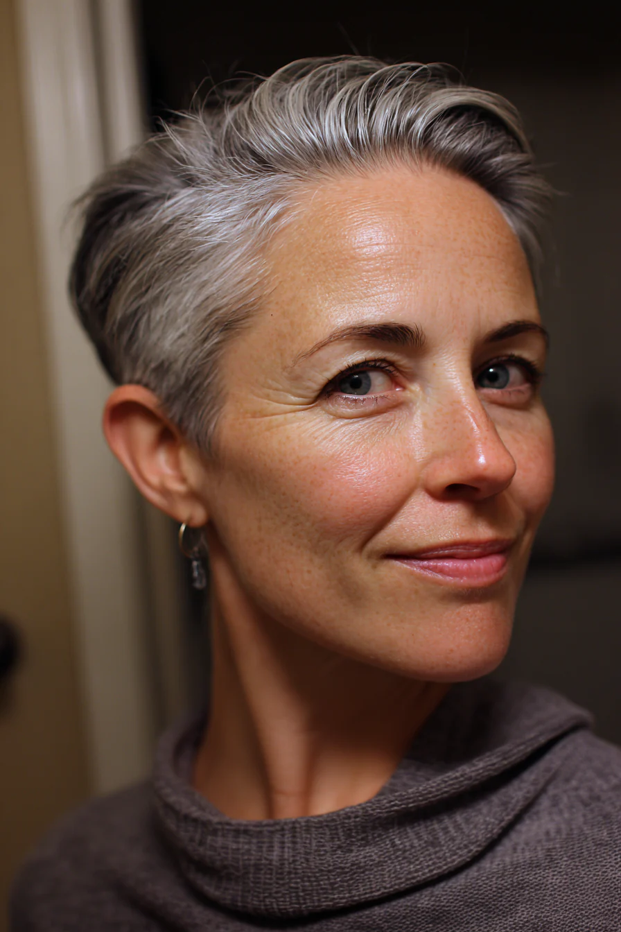 18. Kurzer grauer Haarschnitt mit Kronenvolumen (Haarschnitte für Frauen über 50 mit glattem Haar) – Haarschnitte für Frauen über 50 mit glattem Haar