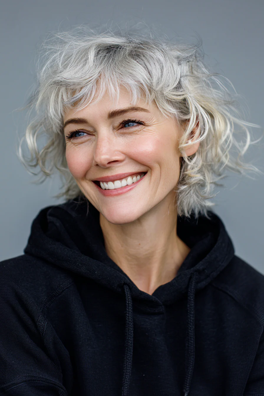 18. Kurzer gewellter Schnitt mit Mikro-Pony (Platin-Silber) (Kurze gewellte Frisuren für Frauen über 40) – Kurze gewellte Frisuren für Frauen über 40