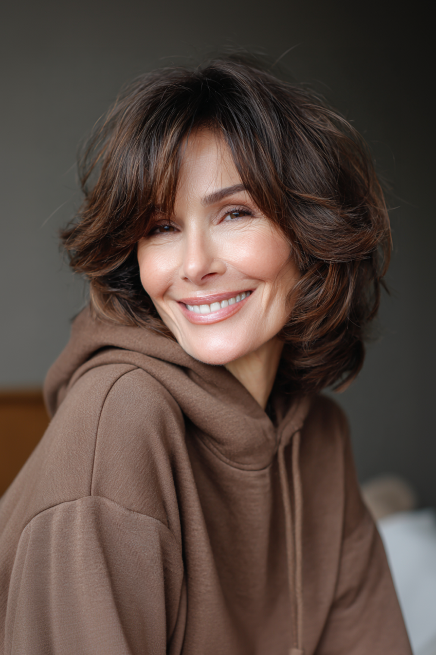 18. Schulterlange Feder geschnitten in kühle Brünette (geschichtete Frisuren für ältere Frauen mit feinem Haar) - geschichtete Frisuren für ältere Frauen mit feinem Haar