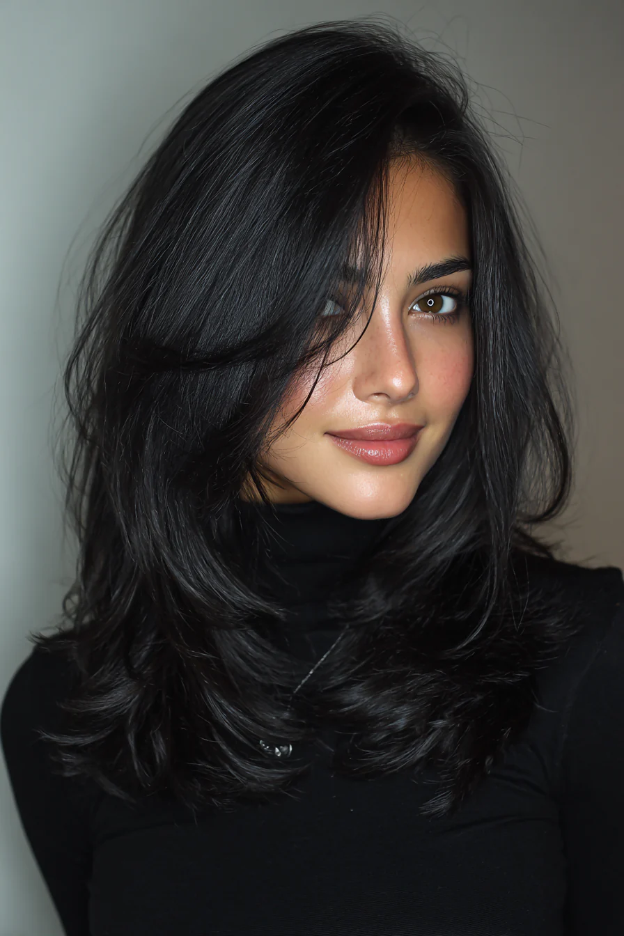 18. Glatter schwarzer mittlerer Schnitt mit abgestuften Schichten (mittellange geschichtete Haarschnitte) – Mittellange geschichtete Haarschnitte