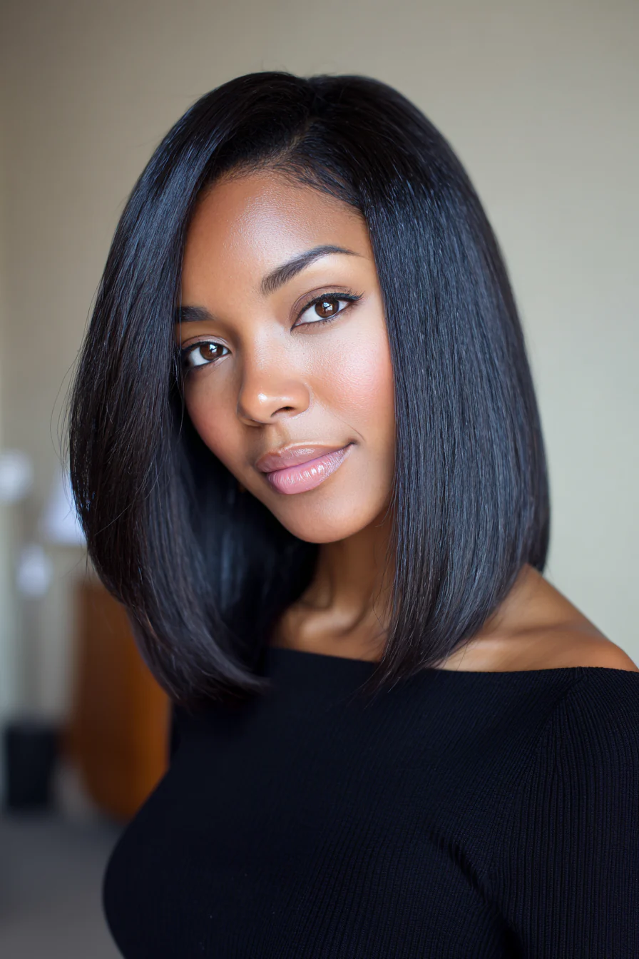 18. Glatter langer Bob mit natürlichem Schwarz (Haarschnitte für Frauen über 50 mit dunklem Haar) – Haarschnitte für Frauen über 50 mit dunklem Haar