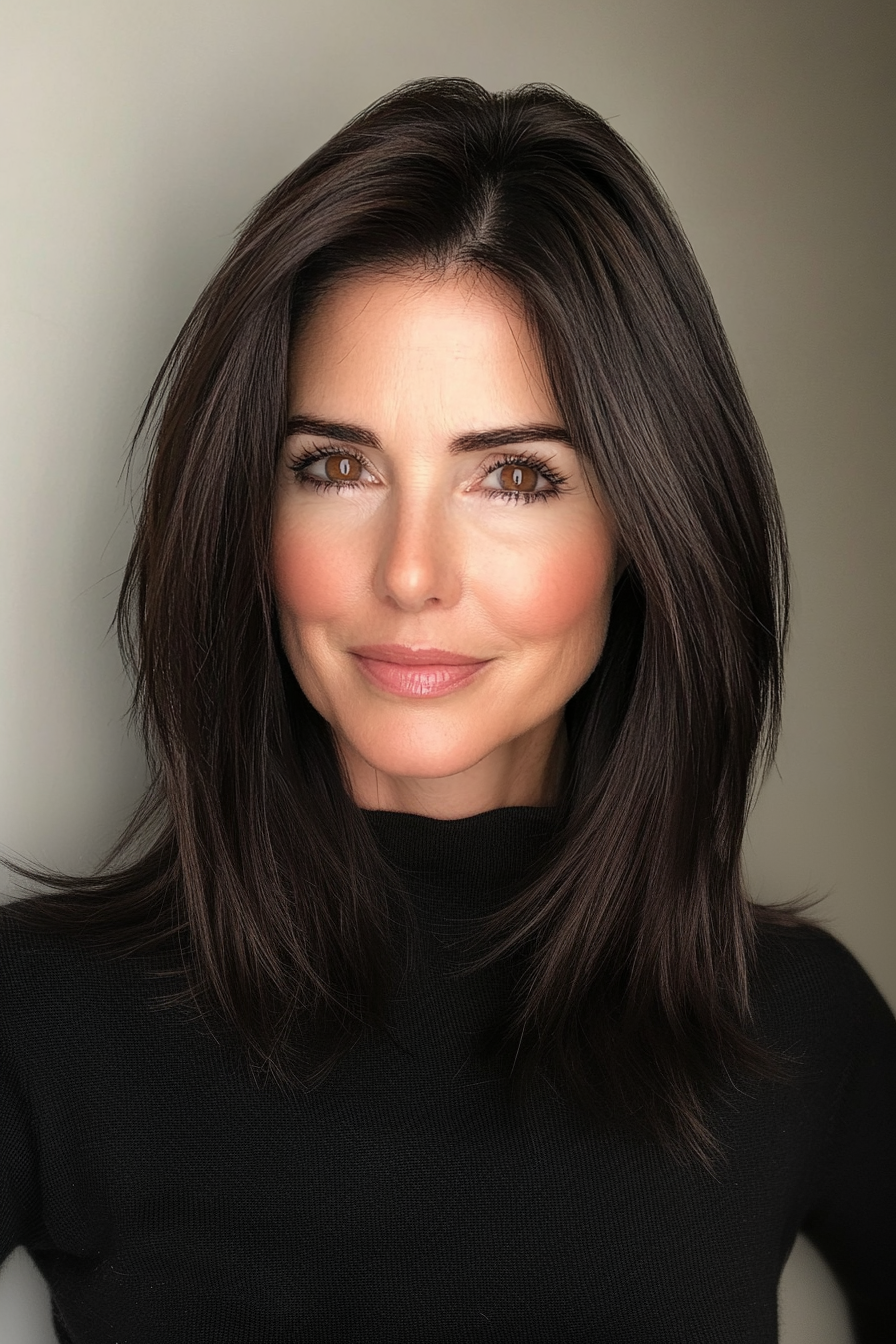 18. Sleek Midi mit mittlerem Teil in schwarzer Braun (Hüftfrisuren für Frauen über 50) - Hüftfrisuren für Frauen über 50