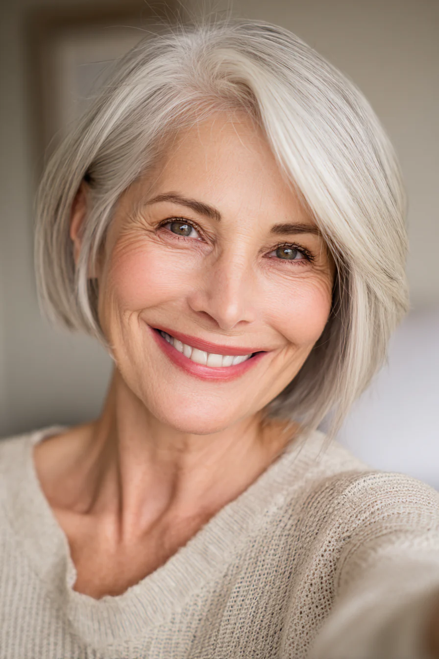 18. Schlanker kurzer Bob in sanftem Platinblond (Bob-Frisuren für Frauen über 60 mit feinem Haar) – Bob-Frisuren für Frauen über 60 mit feinem Haar