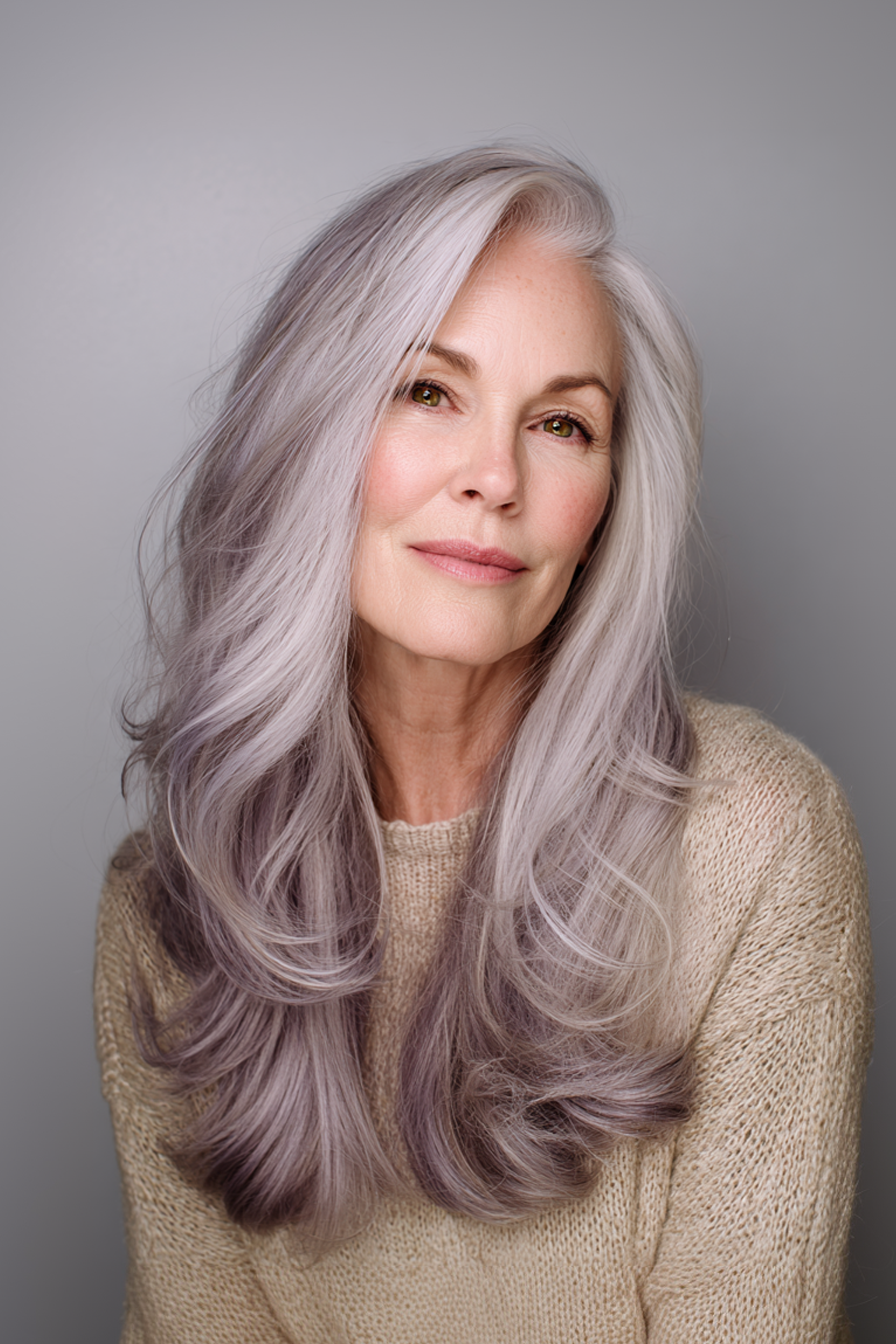 18. Smokey Silver -Lilac Cascade (längere Haarschnitte für ältere Frauen) - Längere Haarschnitte für ältere Frauen