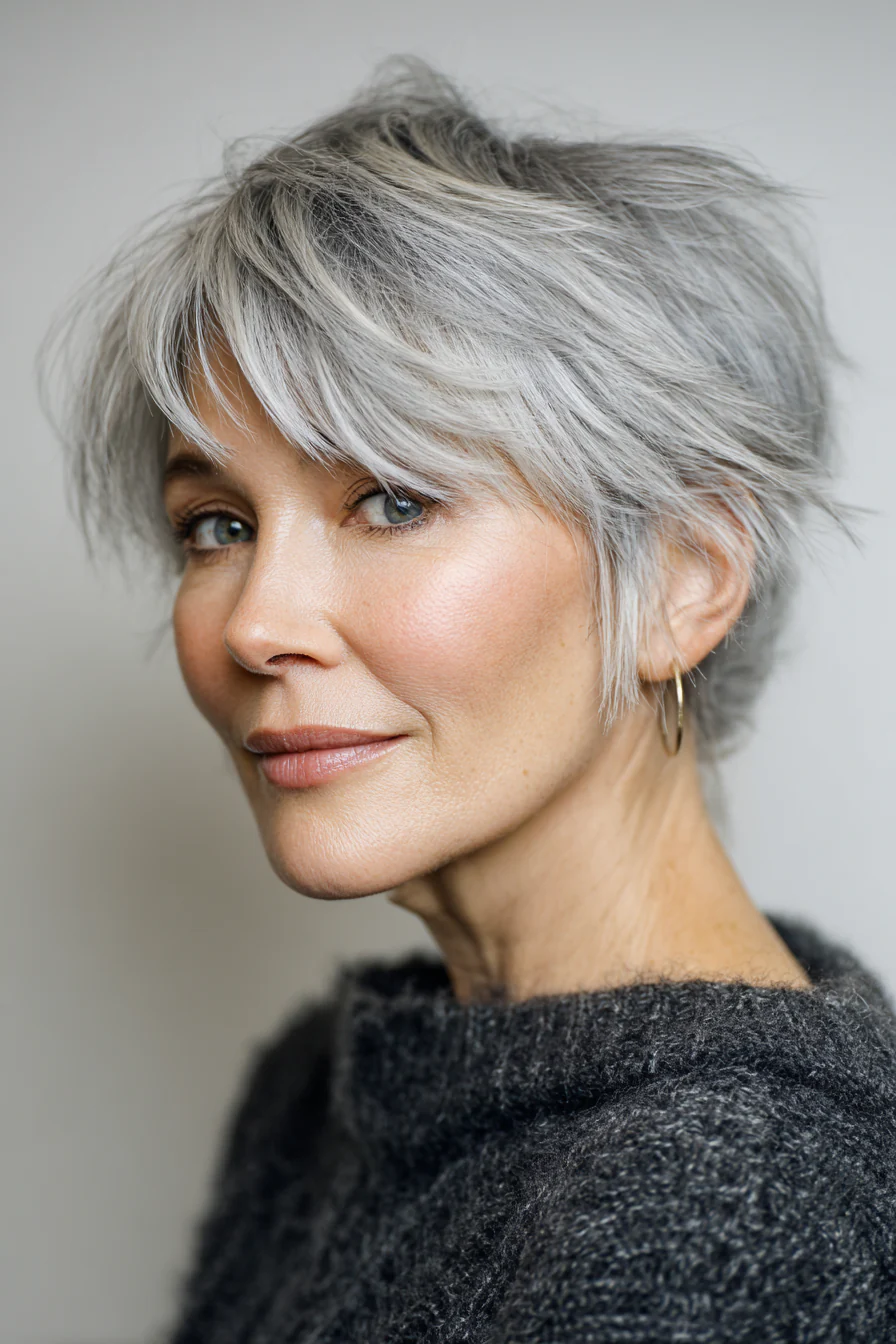 18. Smoky Grey Shag mit leicht spitz zulaufendem Haar (kurze zottelige Frisuren für ältere Frauen) – Kurze zottelige Frisuren für ältere Frauen