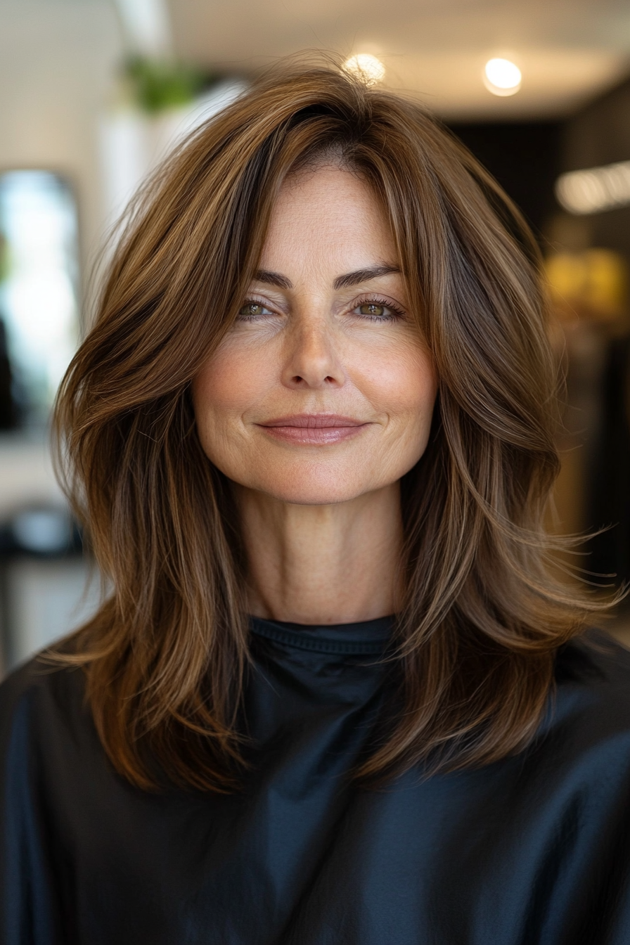 18. Weiche Gesichtsschichten in dunklem Karamell (Haarschnittideen für Frauen über 50) - Haarschnittideen für Frauen über 50