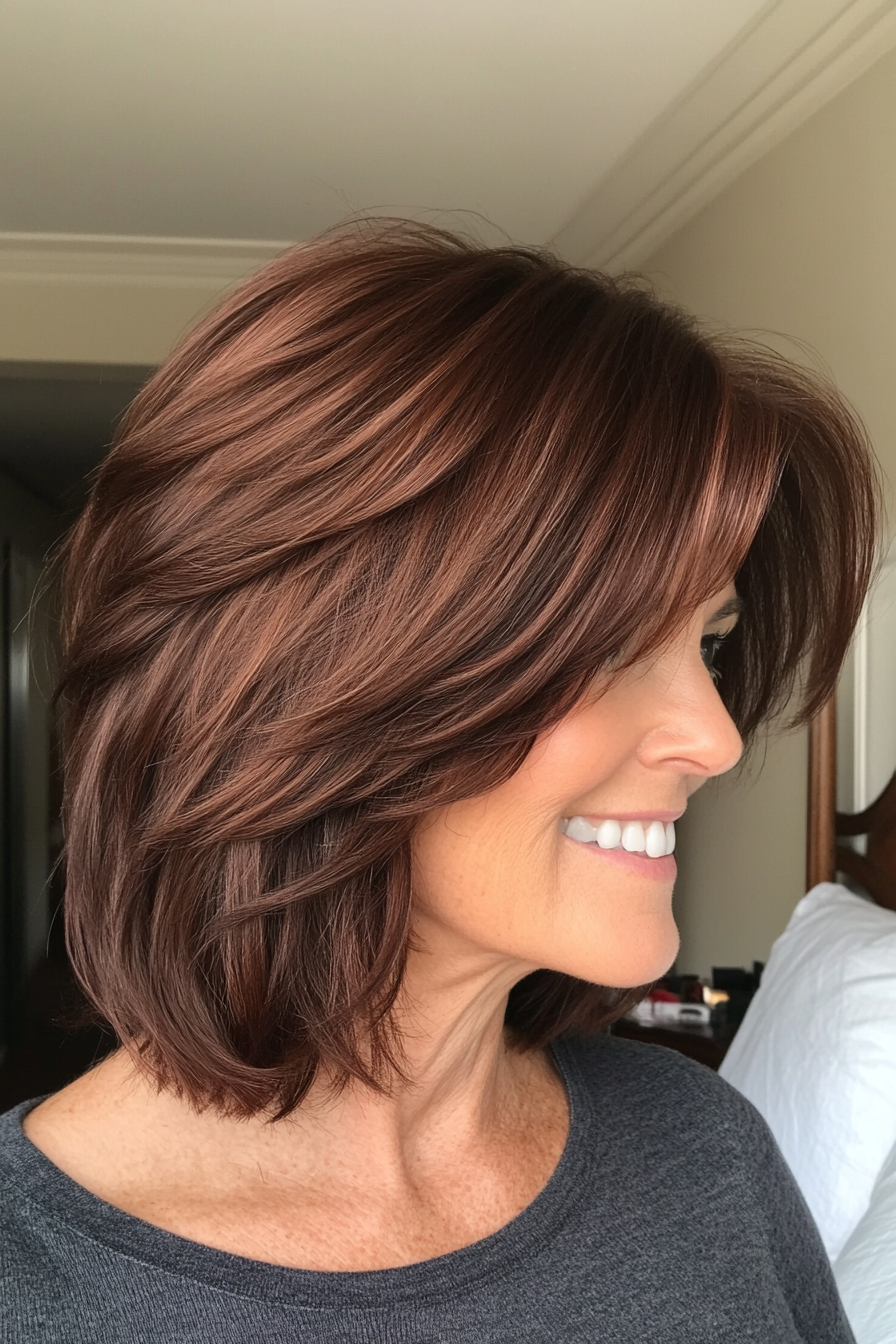 18. Weicher Shag im dunklen Kupfer (mittel- bis kurze Haarschnitte für Frauen über 50) - mittel- bis kurze Haarschnitte für Frauen über 50