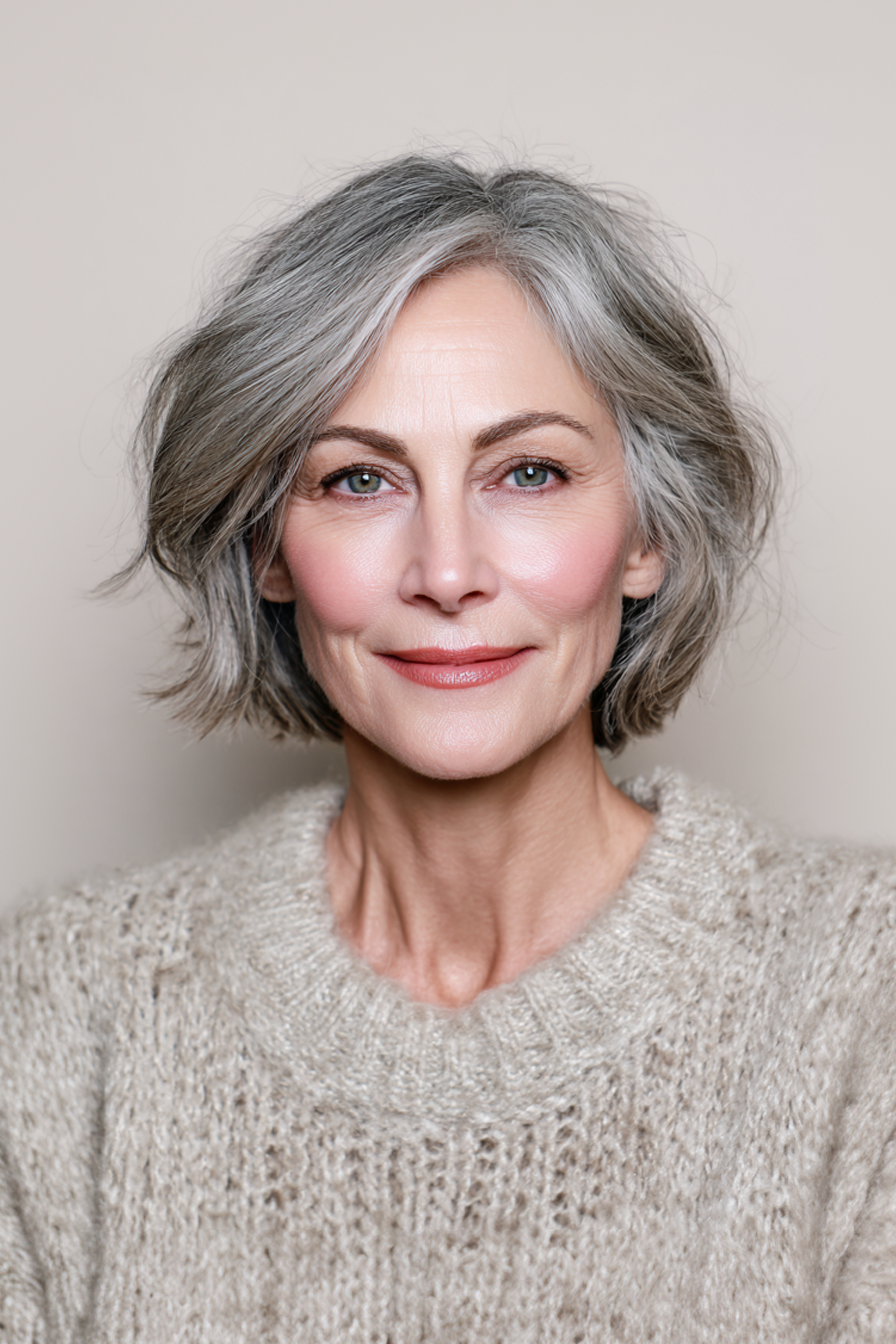 18. Weicher zotteliger Bob in natürlicher Grau (Kinnlänge Haarschnitte für ältere Frauen) - Haarschnitte für ältere Frauen kinnlänge