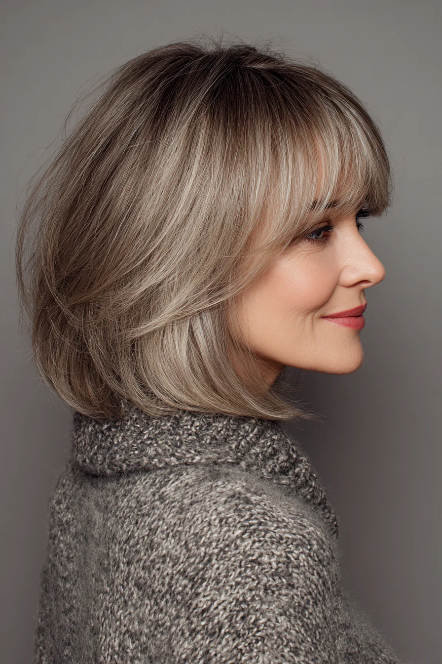 18. Swooping Side Fringe Lob in Ash Beige Brown (Kurze mittellange Frisuren für Frauen über 50) – Kurze mittellange Frisuren für Frauen über 50
