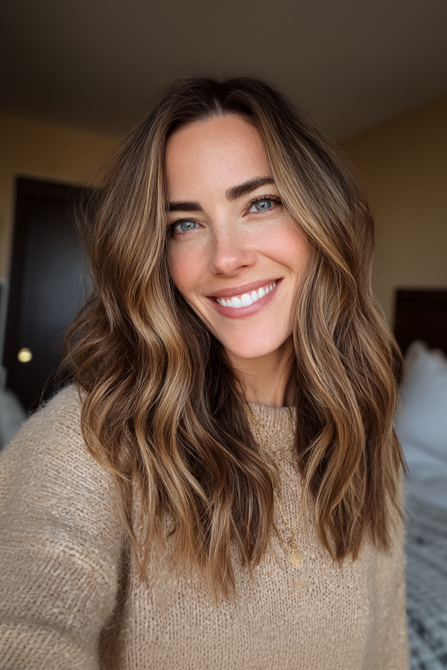 18. Verjüngte Mitte des Schnitts mit goldener Brünette Balayage (mittelgroße Frisuren für ältere Frauen mit welligem Haar) - mittelgroße Frisuren für ältere Frauen mit welligem Haar