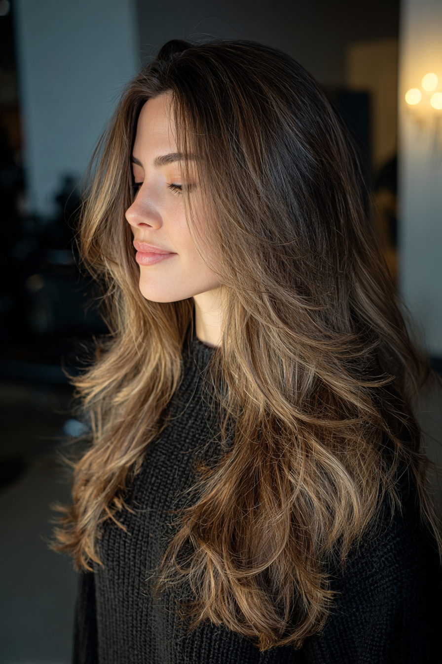18. Strukturierte Schichten mit aschbraunem Balayage (lange Haarschnitte für ovales Gesicht) - lange Haarschnitte für ovales Gesicht