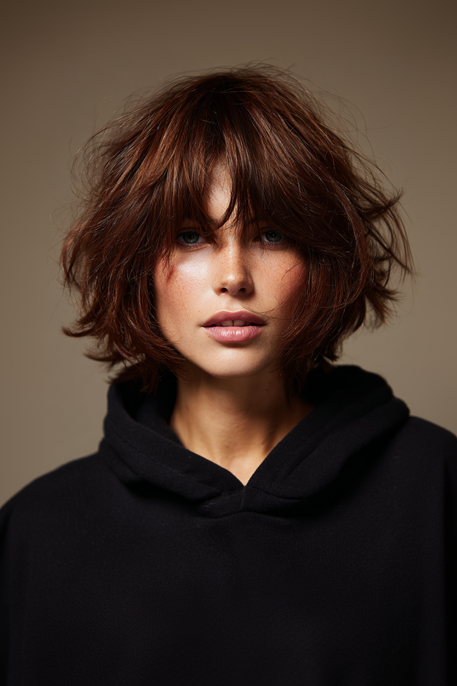 18. Strukturierte zottelige Bob mit warmer Kastanie (Haarschnitte für Frauen) - Haarschnitte für Frauen