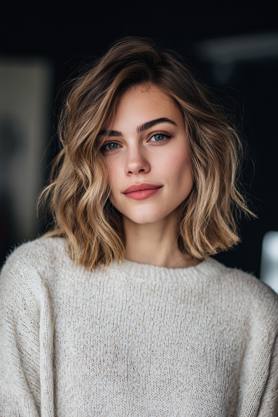 18. Tousled Lob mit sonnenverwöhntem beige Balayage (mittelgroße Haarschnitte für feines Haar) - mittelgroße Haarschnitte für feines Haar