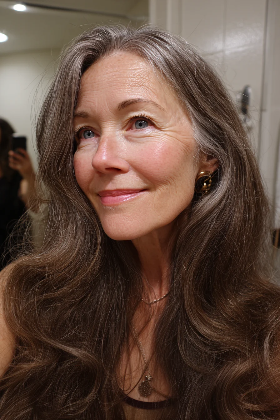 18. Wellenförmige Schichten mit mittlerem Aschbraun (lange Frisuren für Frauen über 60) – Lange Frisuren für Frauen über 60