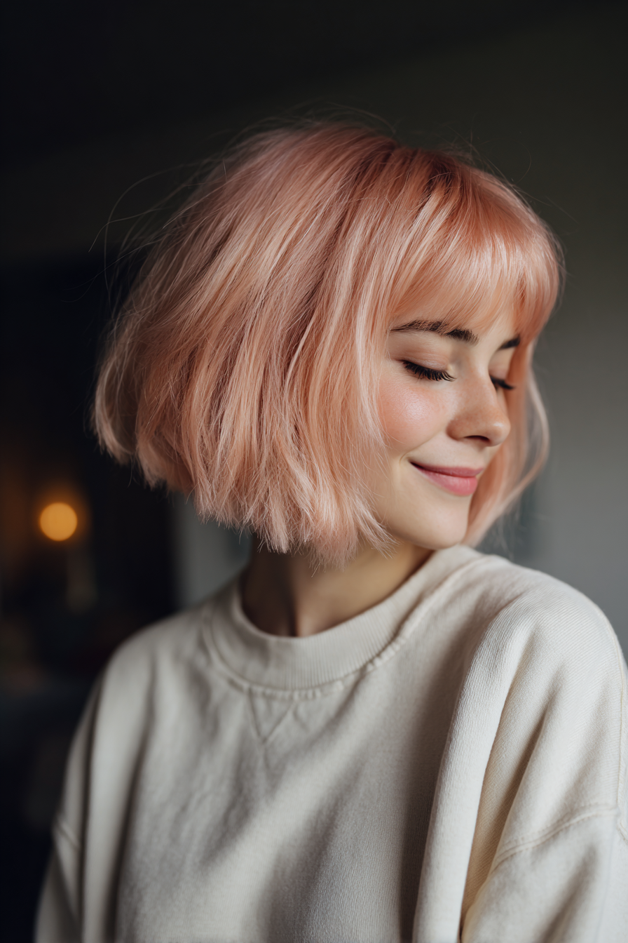 19. Asymmetrischer Bob mit geschichteten Pony in staubiger Rose (kurze Bob -Frisuren mit Pony) - kurze Bob -Frisuren mit Pony