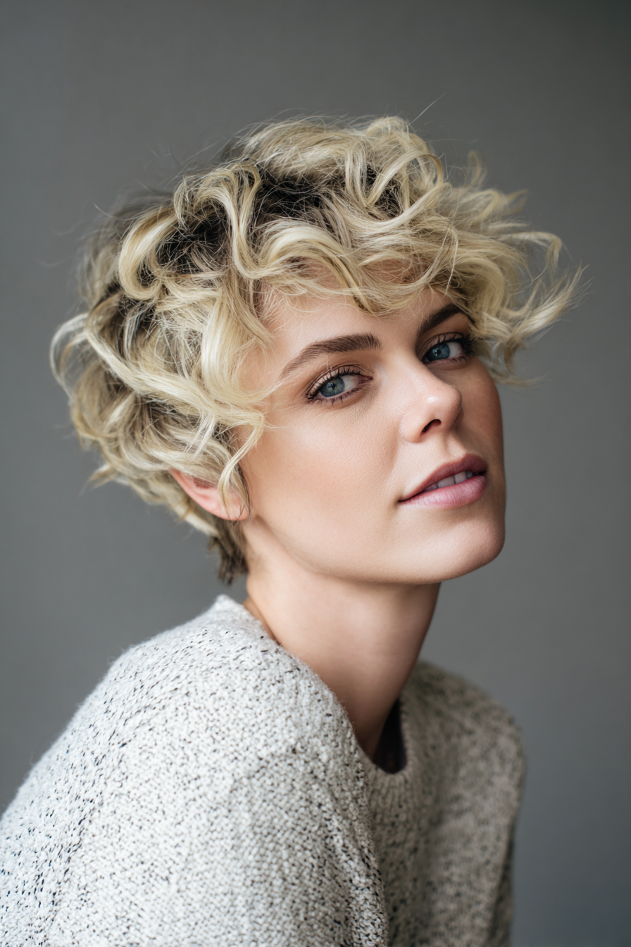 19. Blonde Balayage Curly Pixie Mullet (kurze lockige Haarschnitte für Frauen) - kurze lockige Haarschnitte für Frauen