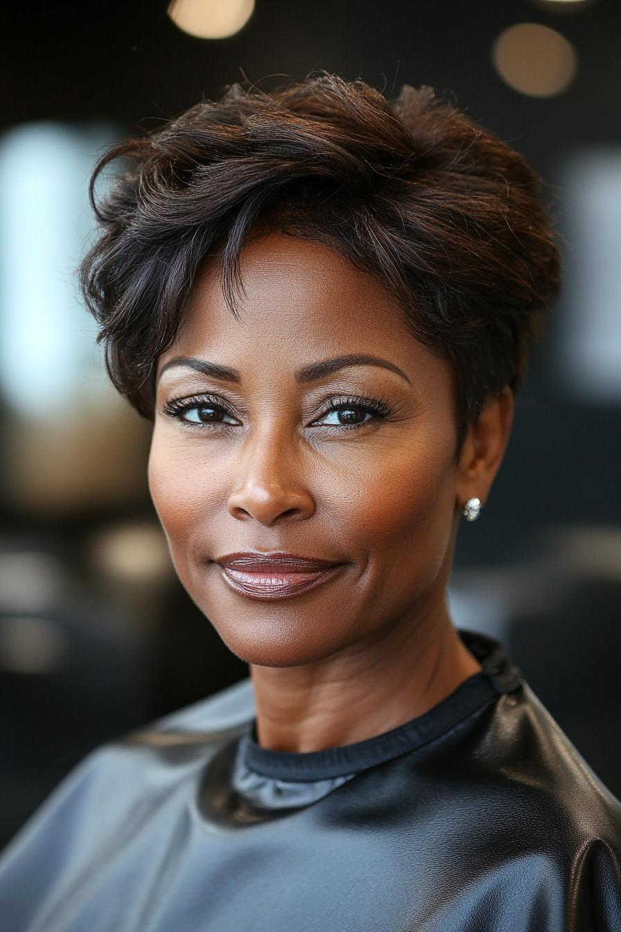 19. Nach vorne gebürsteter Pixie in neutralem Braun (Pixie-Haarschnitte für schwarze Frauen über 60) – Pixie-Haarschnitte für schwarze Frauen über 60