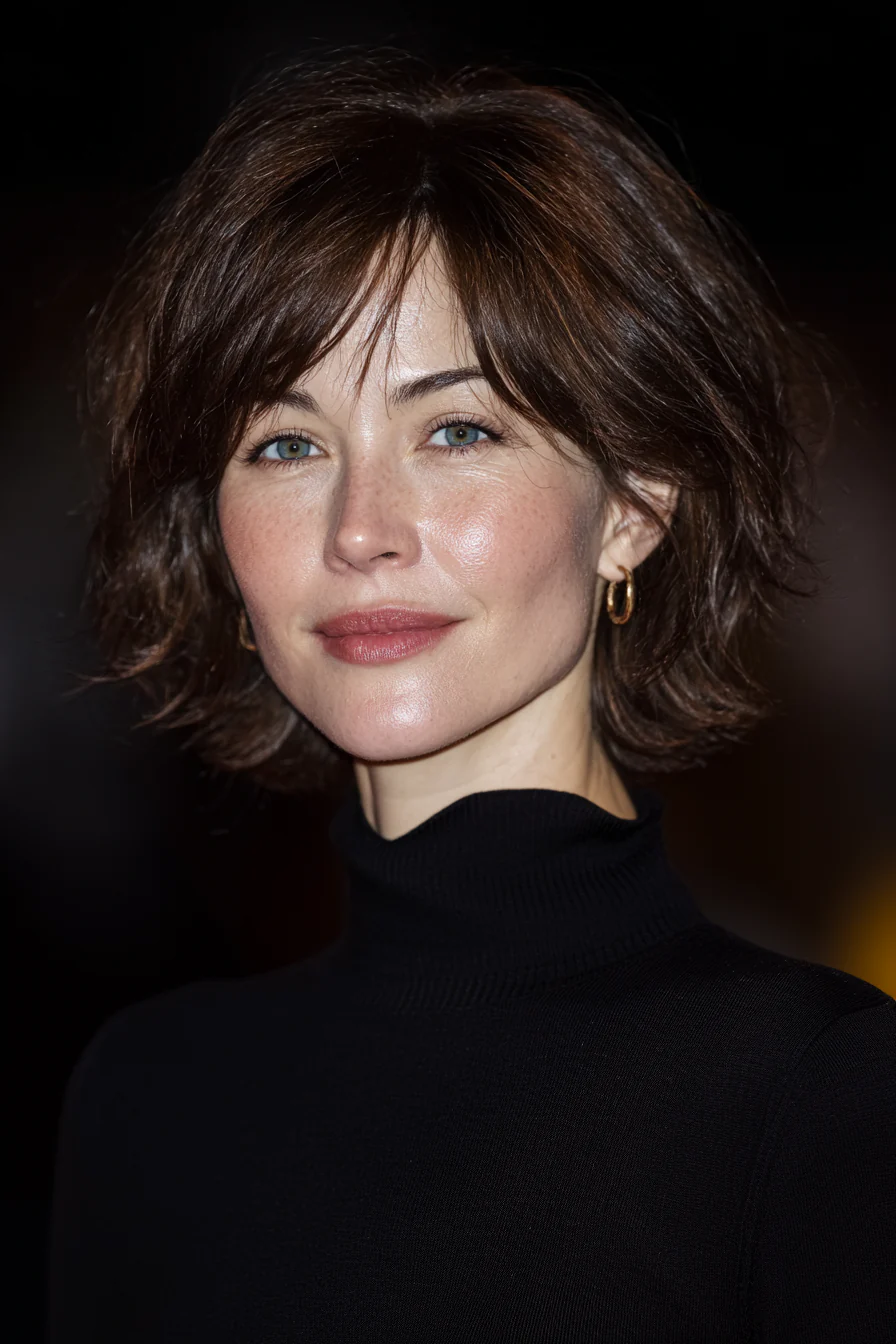 19. Kastanienbrauner kurzer Stufenschnitt mit dünnen Fransen (kurze Frisuren für Frauen über 40 mit dünnem Haar) – Kurze Frisuren für Frauen über 40 mit dünnem Haar