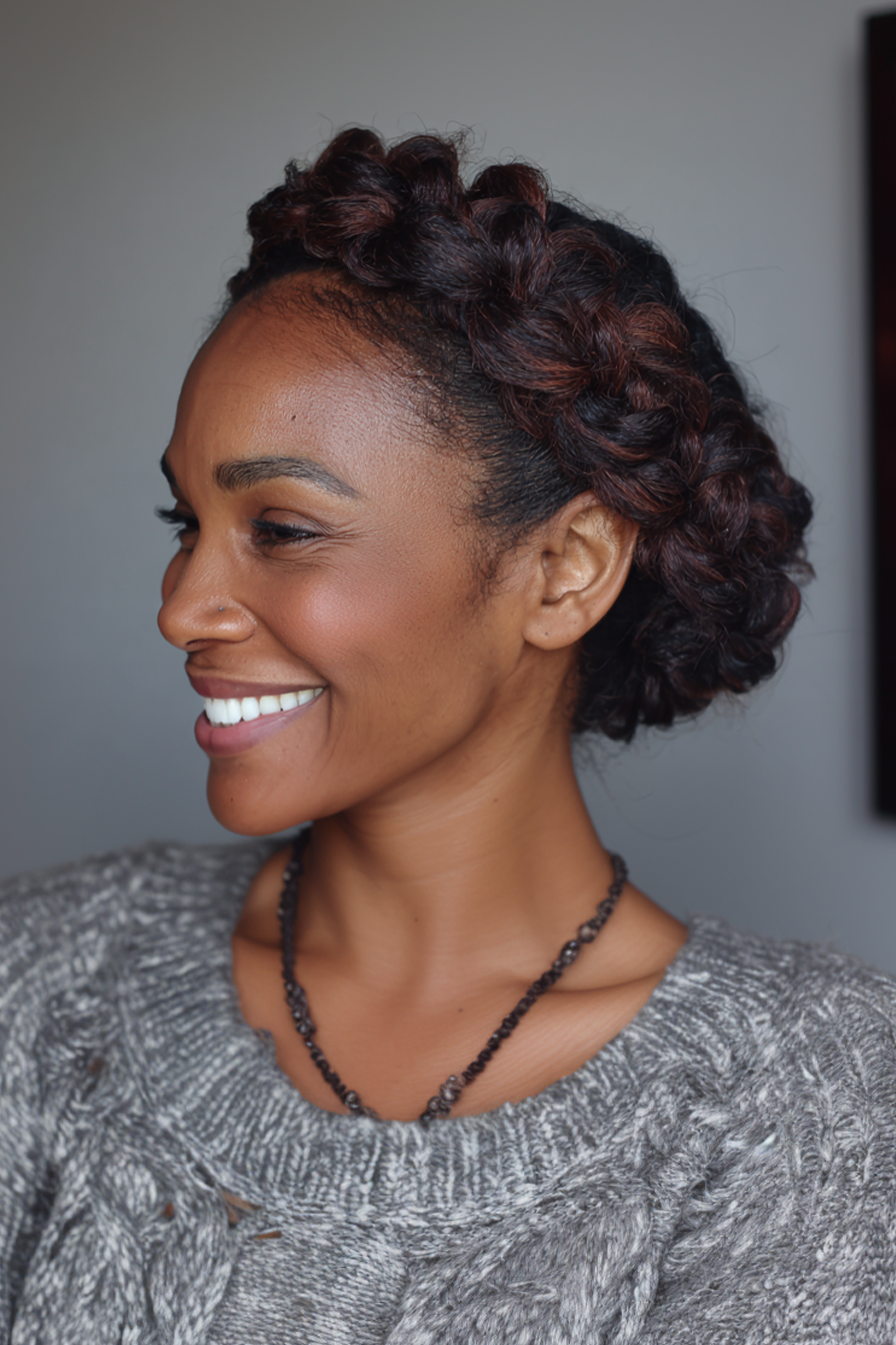 19. Schokoladenfarbene Halo -Geflecht (Frisuren für schwarze Frauen über 60) - Frisuren für schwarze Frauen über 60