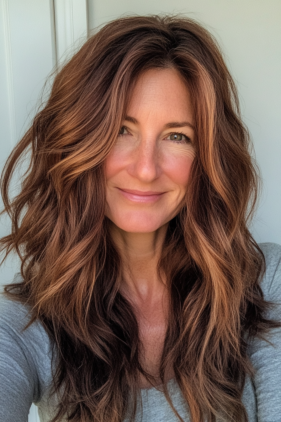 19. Cinnamon Brunette Long Shag (Brünette Frisuren für Frauen über 50) – Brünette Frisuren für Frauen über 50