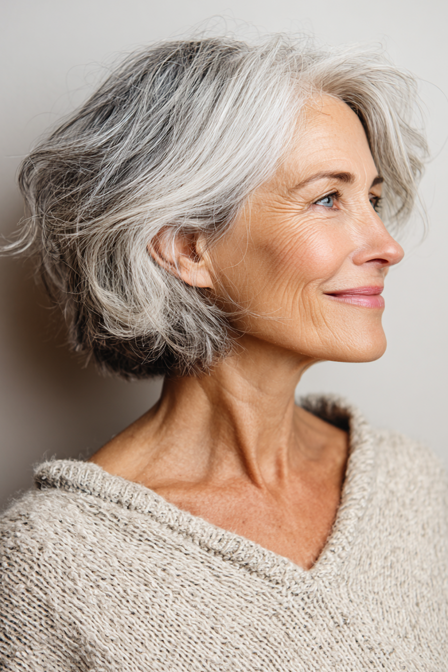 19. Klassischer grau gefiederter Shag (kurze Shag-Frisuren für Frauen über 60) – kurze Shag-Frisuren für Frauen über 60