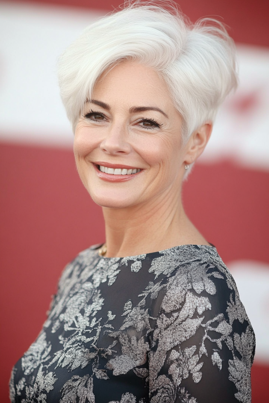 19. Klassische Pixie in Perlenweiß (mittel- bis kurze Haarschnitte für Frauen über 50) - mittel- bis kurze Haarschnitte für Frauen über 50