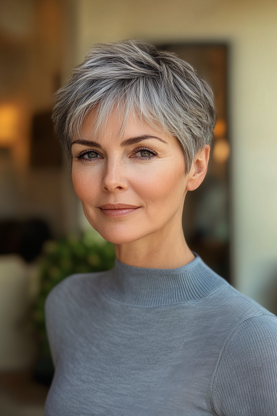 19. Kruppiert mit aschgrauen Highlights (super kurze Haarschnitte für ältere Frauen) - super kurze Haarschnitte für ältere Frauen