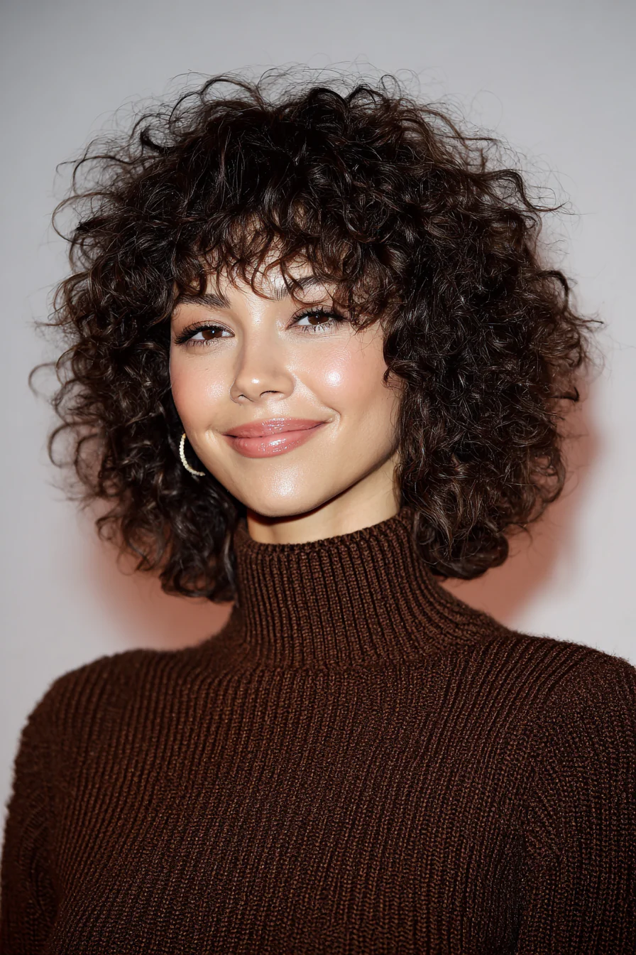 19. Curly Lob mit weichen Fransen in dunklem Mokka (Mittellange Haarschnitte für lockiges Haar) – Mittellange Haarschnitte für lockiges Haar