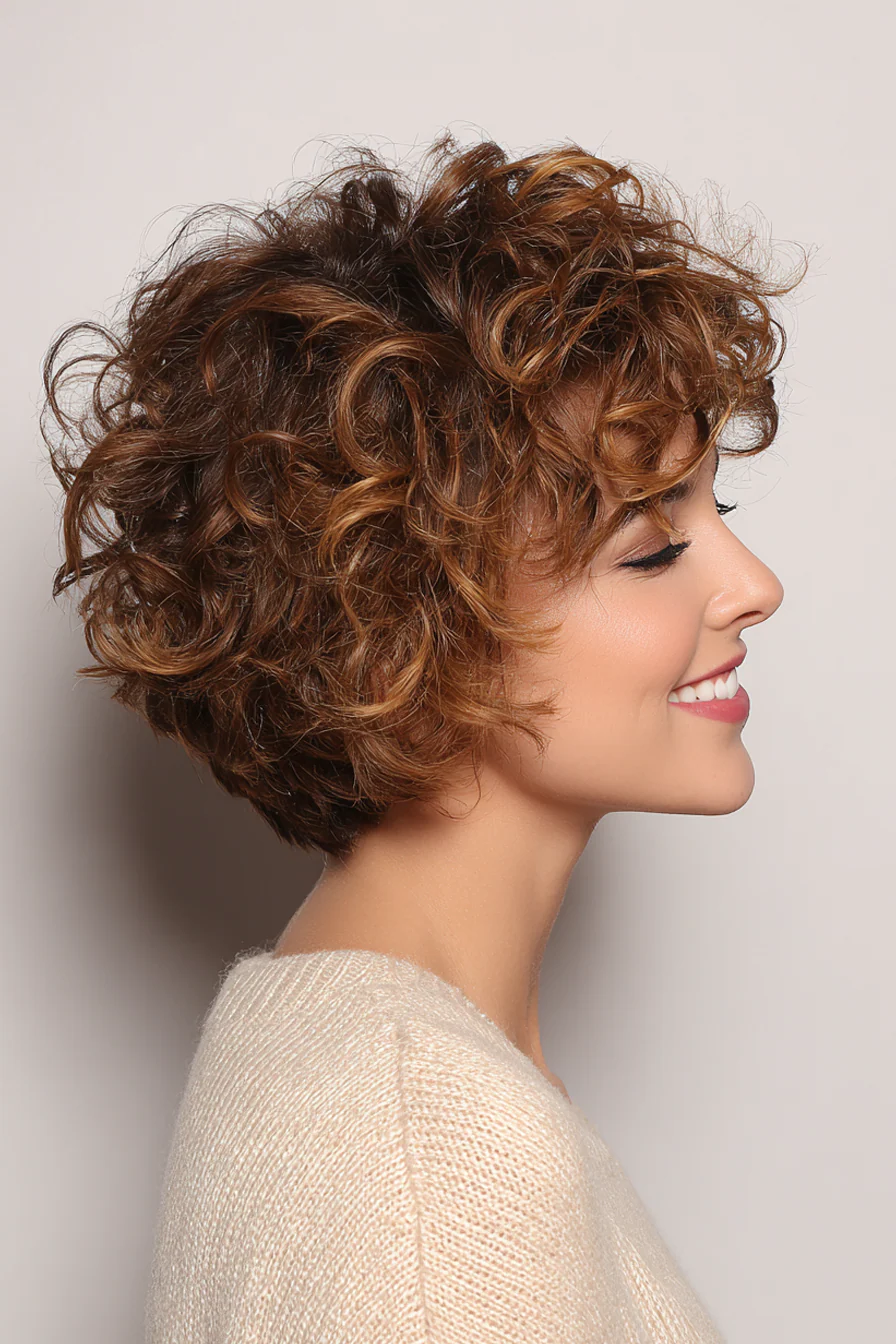 19. Lockiger Pixie-Bob in goldenem Karamell (Kurzhaarschnitte für Frauen über 40 mit feinem Haar) – Kurzhaarschnitte für Frauen über 40 mit feinem Haar