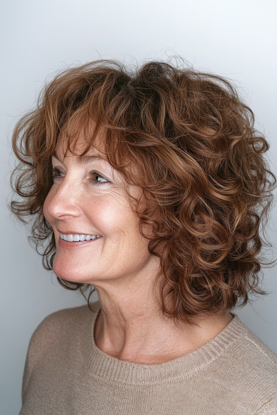 19. Curly Shag in dunkler Kastanie (Haarschnitte für Frauen über 60 mit welligen Haaren) - Haarschnitte für Frauen über 60 mit welligen Haaren