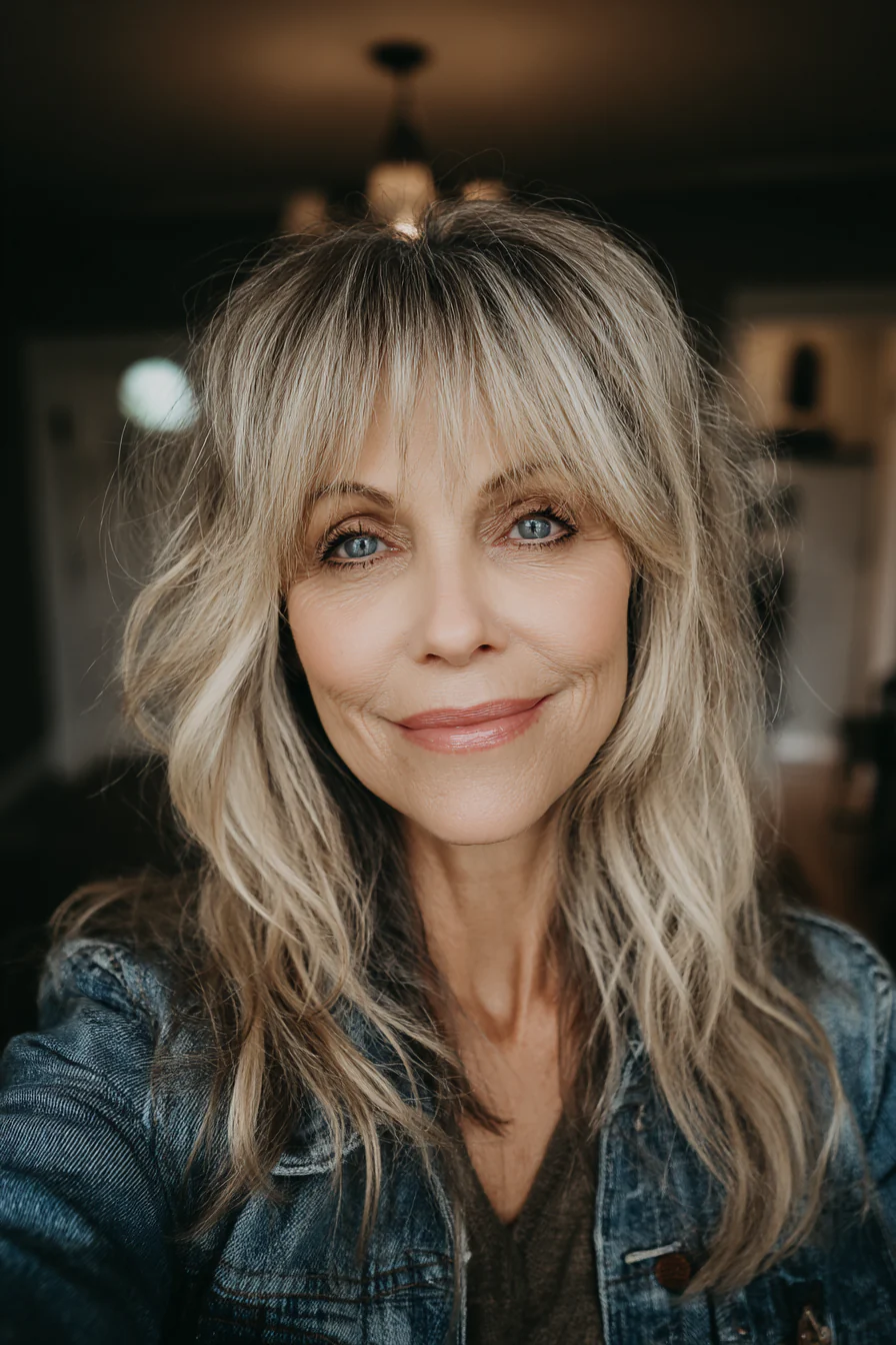 19. Dunkelblonder Shag mit gestuftem Pony (Long Shag-Frisuren für Frauen über 50) – Long Shag-Frisuren für Frauen über 50