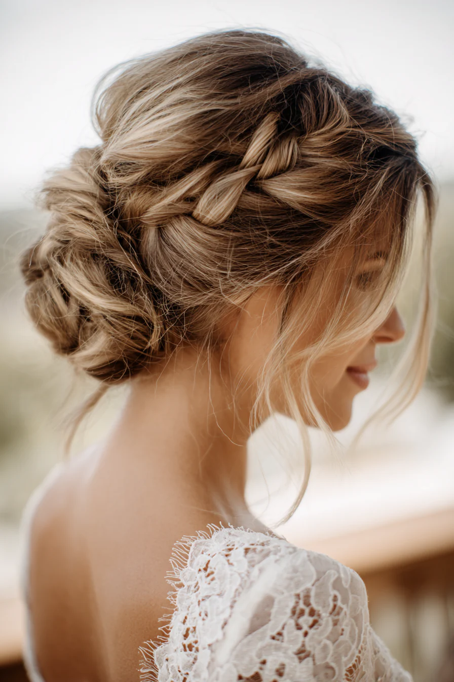 19. Holländische Zöpfe zu einem niedrigen Dutt in aschigem Hellbraun (Brautjungfernfrisuren) – Brautjungfernfrisuren