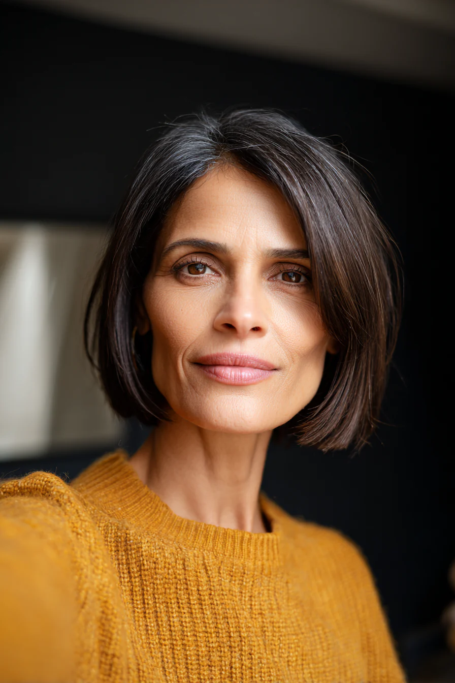 19. Ohrlanger, stumpfer Schnitt in kühlem Dunkelbraun (stumpfe Haarschnitte für Frauen über 50) – stumpfe Haarschnitte für Frauen über 50