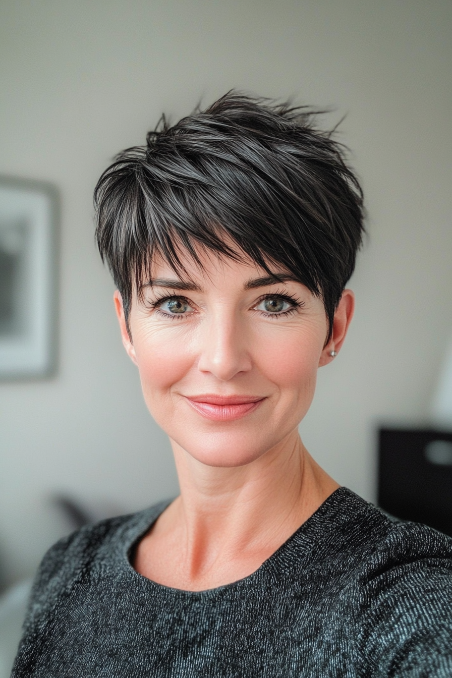 19. Nervenpixie mit tiefen ascharben schwarzen Untertönen (kurze Haarschnitte für ältere Frauen mit dickem Haar) - kurze Haarschnitte für ältere Frauen mit dickem Haar