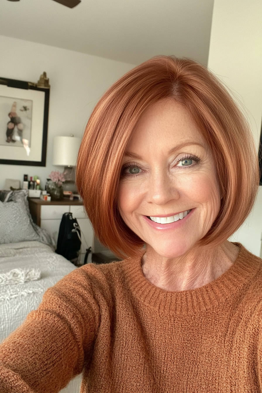 19. Flippy Enden Bob in weicher Kupfer (Ausschnitt Länge Haarschnitte für ältere Frauen) - Ausschnitt Länge Haarschnitte für ältere Frauen