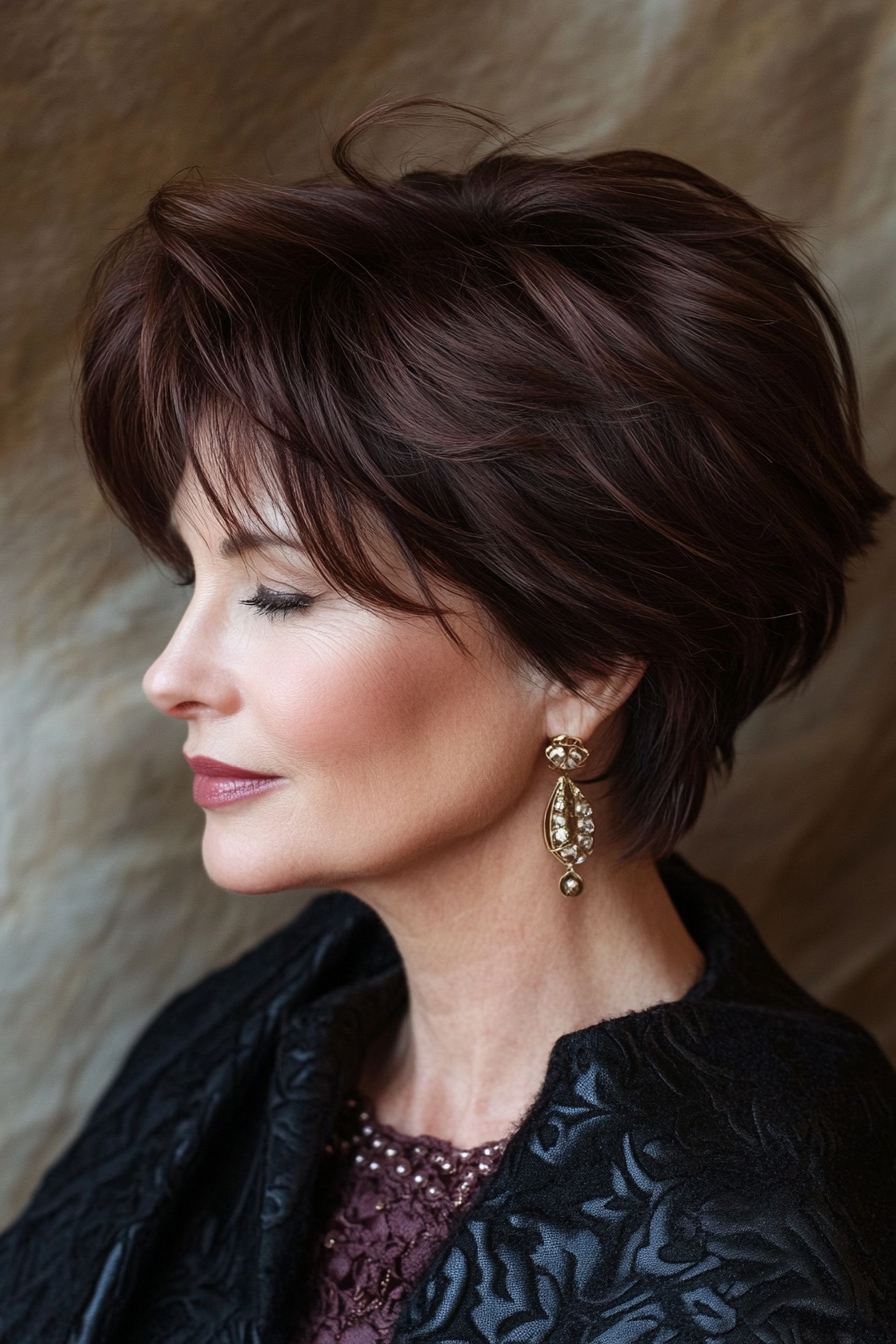 19. Fransenernte in der tiefen Mahagoni (kurze stilvolle Frisuren für Frauen über 50) - kurze stilvolle Frisuren für Frauen über 50