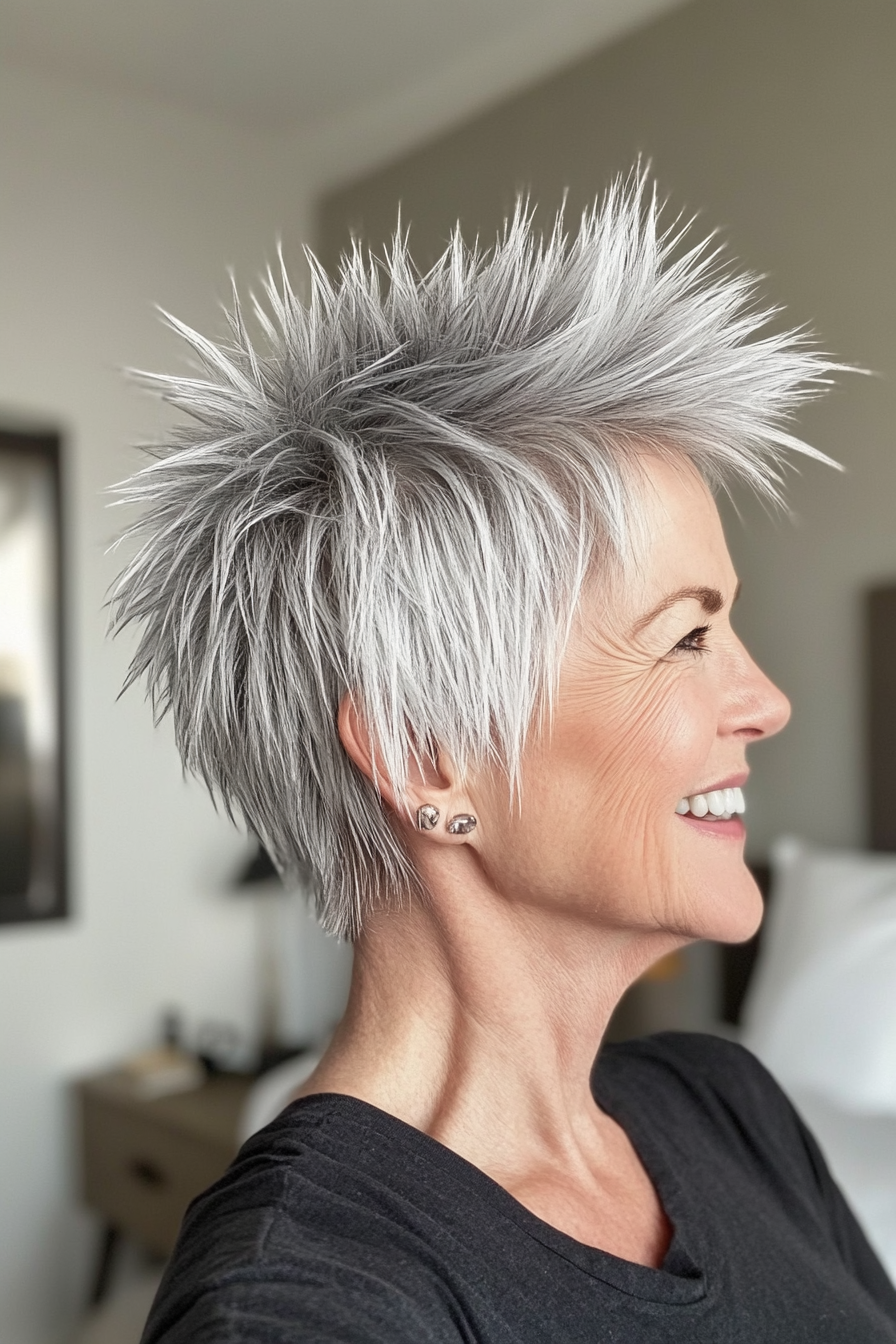 19. Zugezogene silberne Schichtspitzen (stachelige Frisuren für Frauen über 60) - Stachelige Frisuren für Frauen über 60