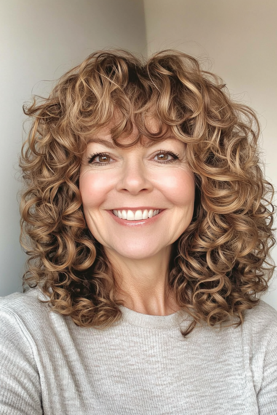 19. Voller lockiger Shag mit goldbraunem (Haarschnitten für Frauen über 50 mit lockigem Haar) - Haarschnitte für Frauen über 50 mit lockigem Haar