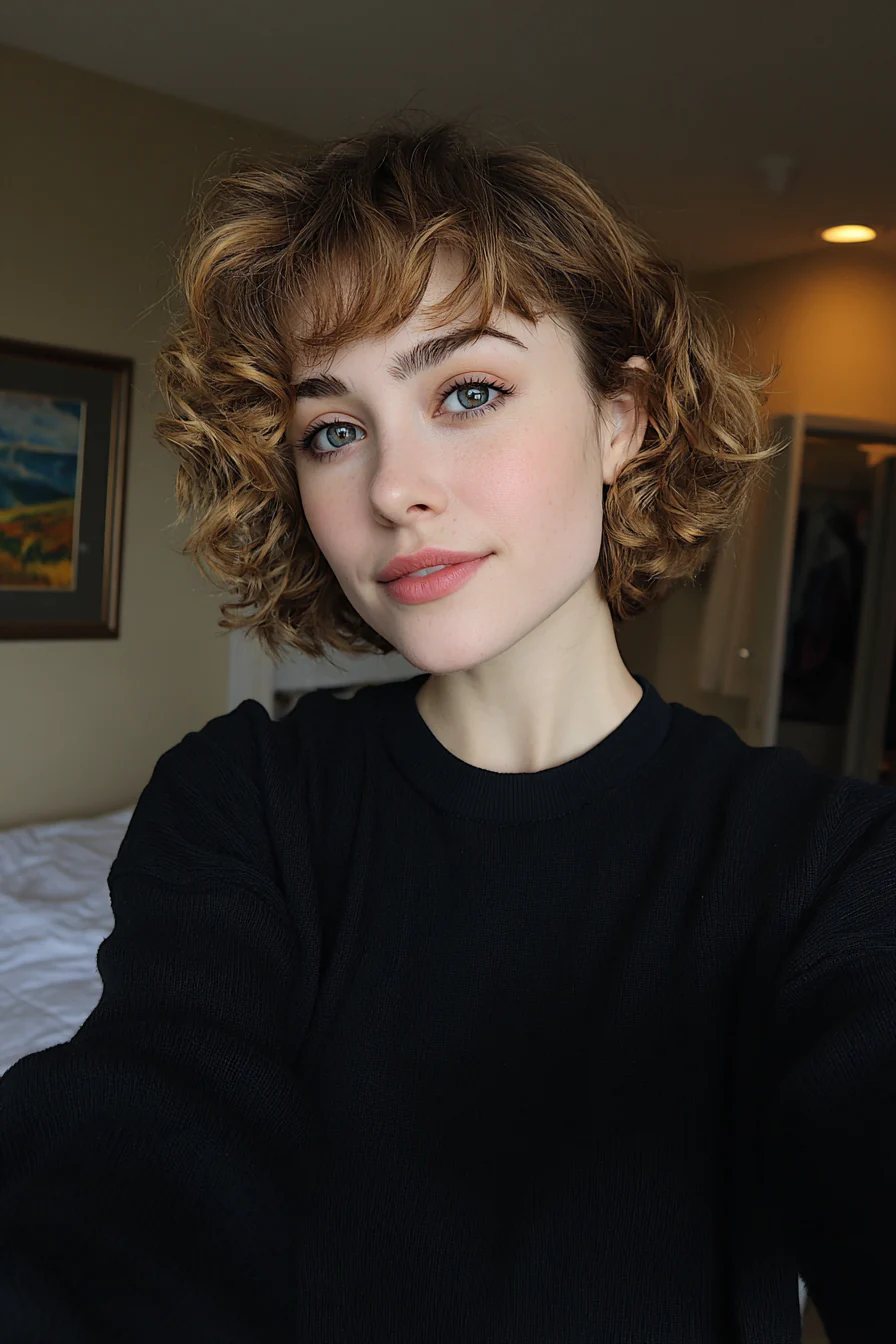 19. Golden Brunette Bouncy Short Bob (Kurze Lockenfrisuren) – Kurze Lockenfrisuren