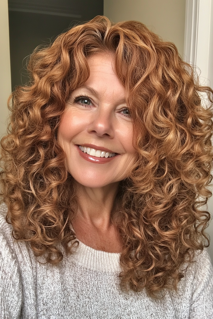 19. Goldene Kupfer mit mittlerer Länge lockige Schichten (Haarschnitte für ältere Frauen mit lockigem Haar) - Haarschnitte für ältere Frauen mit lockigem Haar