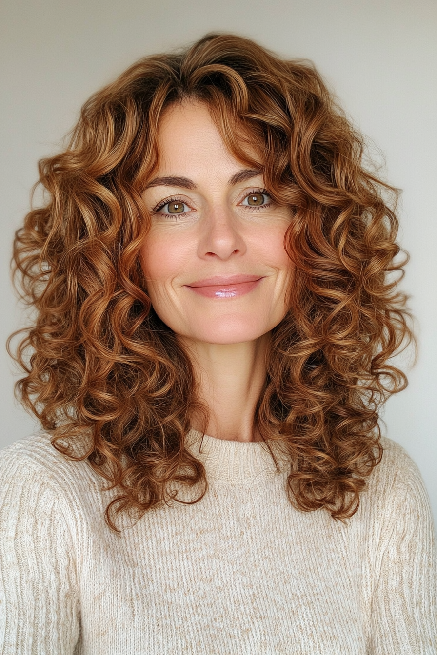 19. Honigbraun geschichtete Spulen (lockige Frisuren für Frauen über 40) - lockige Frisuren für Frauen über 40