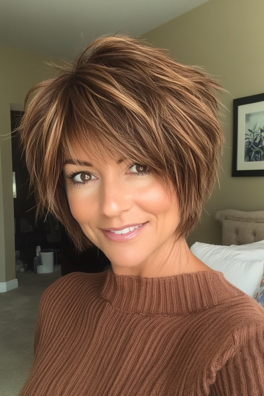 19. Honigbraun kurzer zotteliger Bob (geschichtete kurze Haarschnitte für Frauen über 40) - Schicht kurze Haarschnitte für Frauen über 40 überlagert