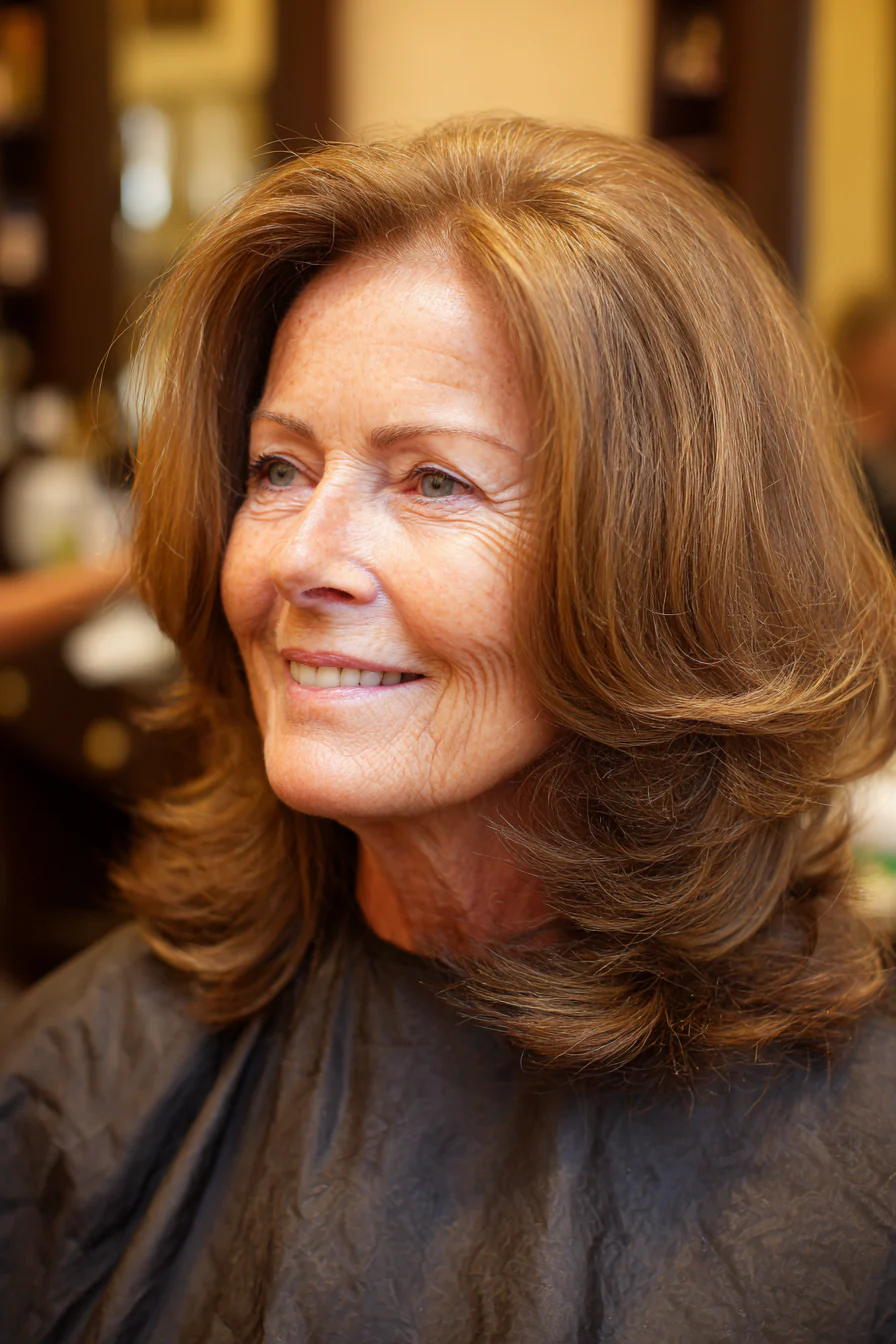 19. Mittellange Stufen in Honigbraun mit umgedrehten Enden (Neue Frisuren für Frauen über 60) – Neue Frisuren für Frauen über 60