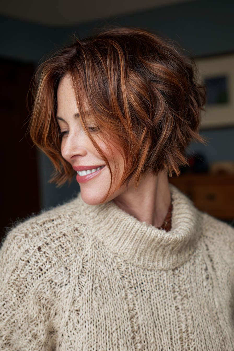 19. Layered Bob mit Kupfer -Highlights (geschichtete Frisuren für ältere Frauen mit feinem Haar) - geschichtete Frisuren für ältere Frauen mit feinem Haar