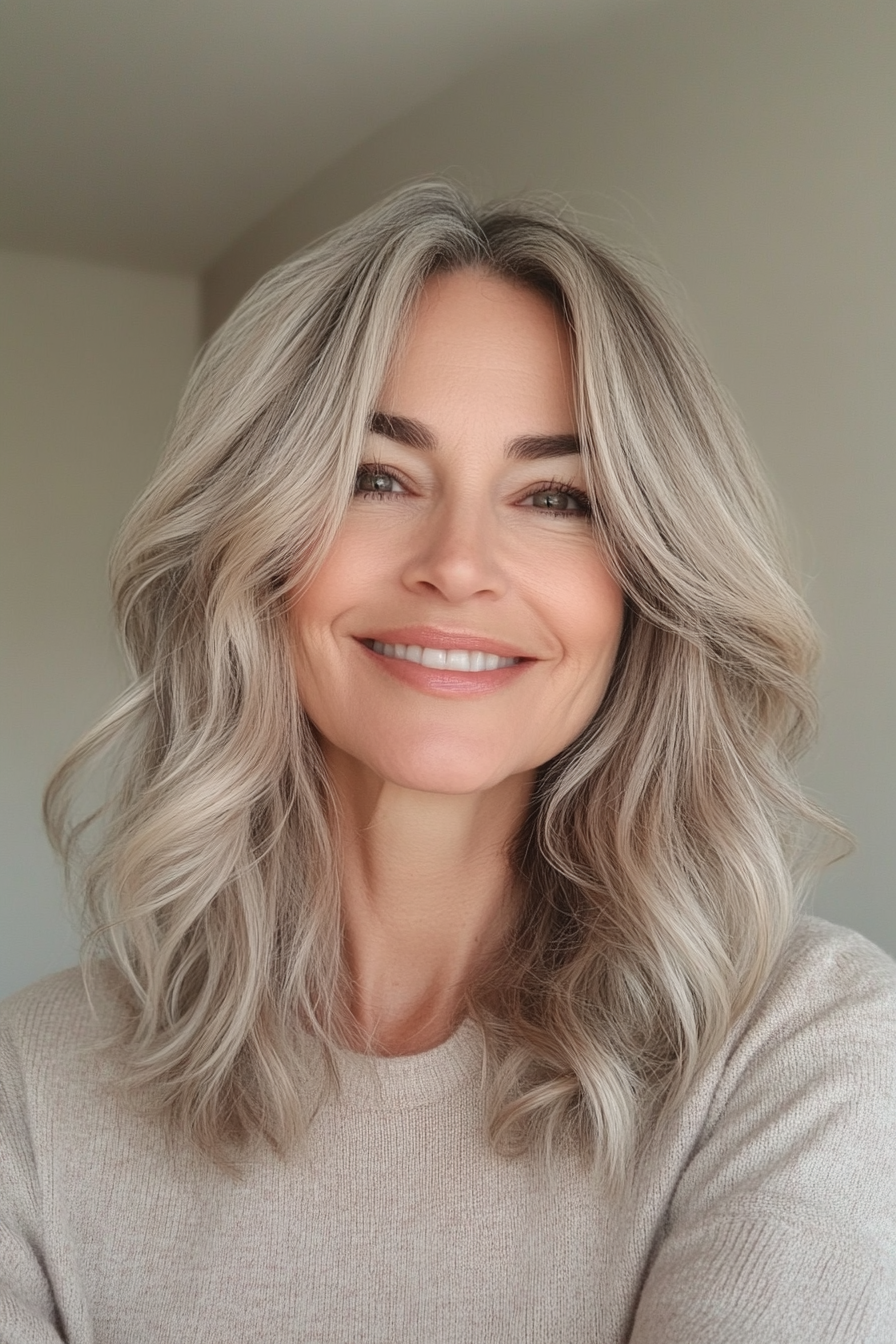 19. Layered Lob in kühlen Aschenblondine (Haarschnitte für ältere Frauen mit gewellten Haaren) - Haarschnitte für ältere Frauen mit welligem Haar