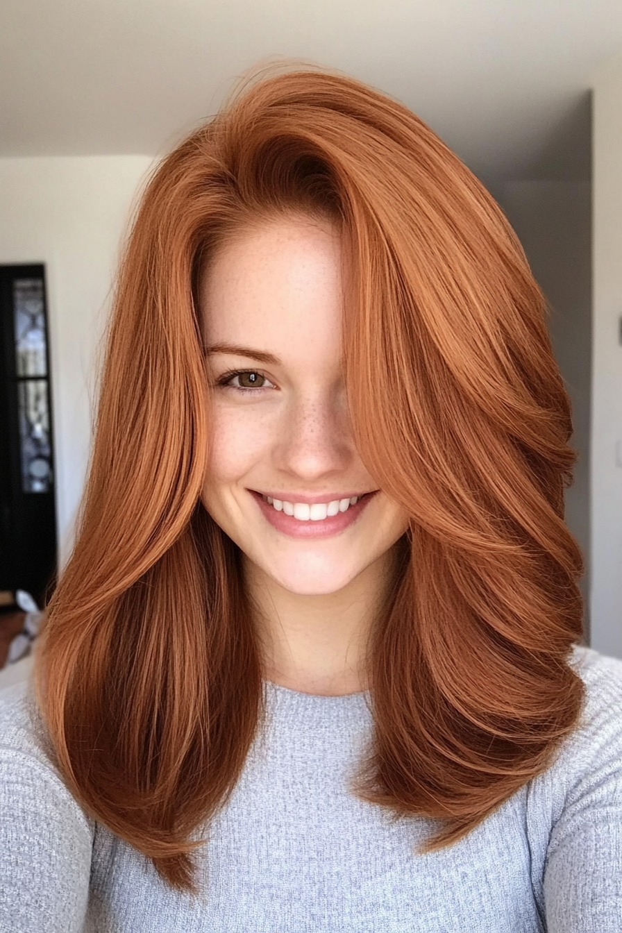 19. Layered mittelgroßer Auburn mit Sturzschichten (glatte Haarhaarschnitte) - glattes Haarhaarschnitte