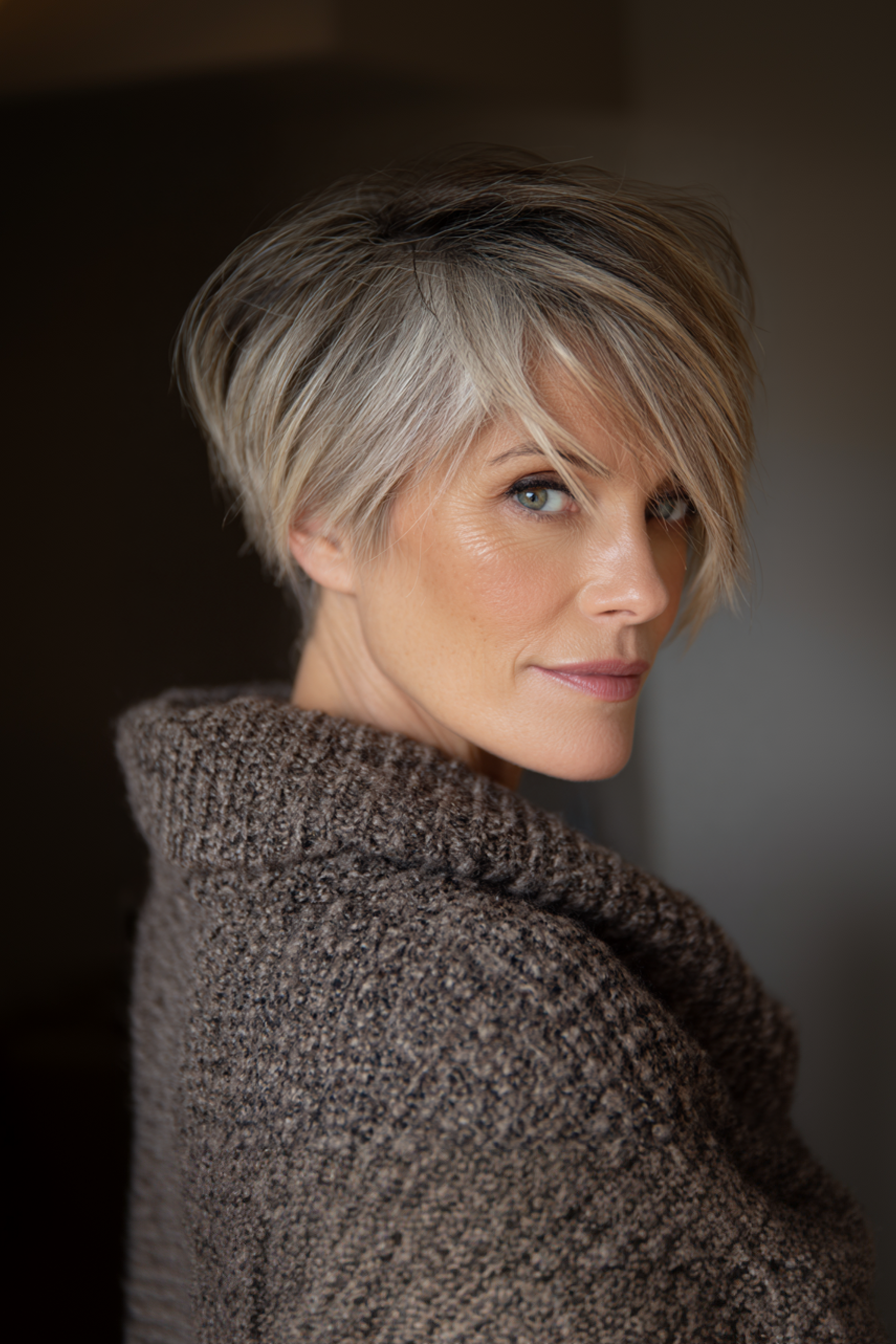 19. Layered Pixie -Bob in cooler Taupe (kantige Haarschnitte für ältere Frauen) - nervöse Haarschnitte für ältere Frauen