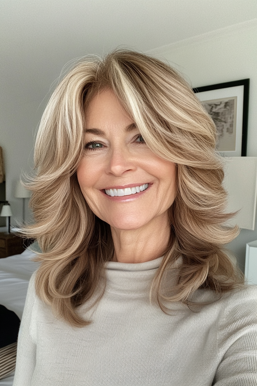 19. Leichter Karamellshag mit Flip -out -Enden (Shag -Frisuren für Frauen über 60) - Shag Frisuren für Frauen über 60