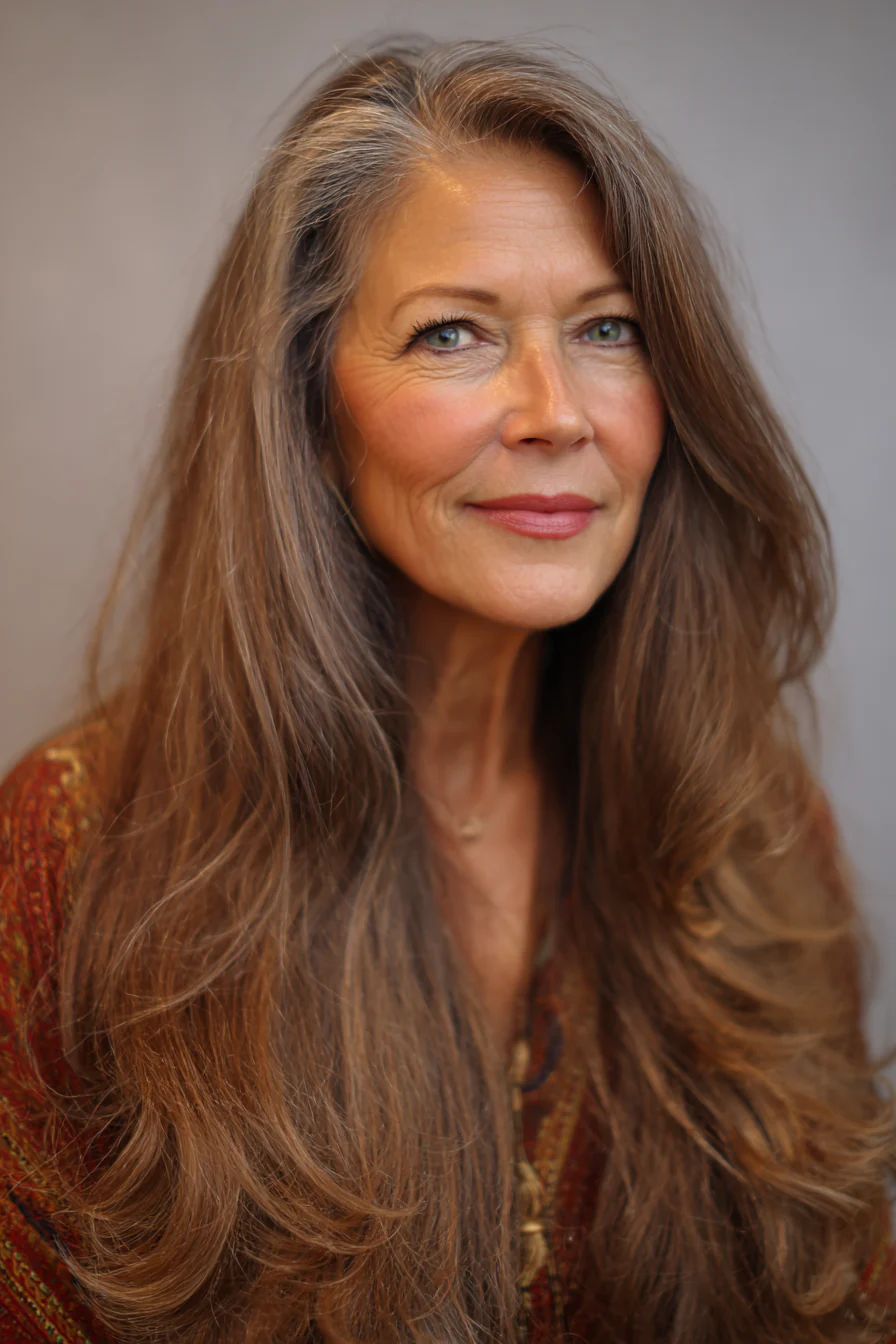 19. Lange Vorhangschichten mit Bronze Brunette (Lange Frisuren für Frauen über 60) – Lange Frisuren für Frauen über 60