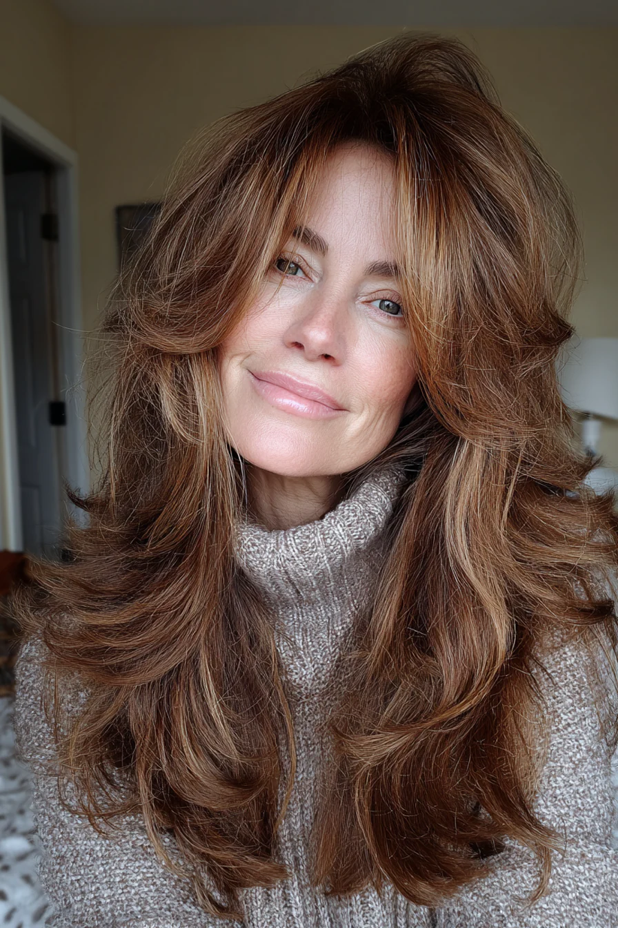 19. Langer Shag mit Kastanien- und Karamell-Mix (Long Shag-Frisuren für ältere Frauen) – Long Shag-Frisuren für ältere Frauen